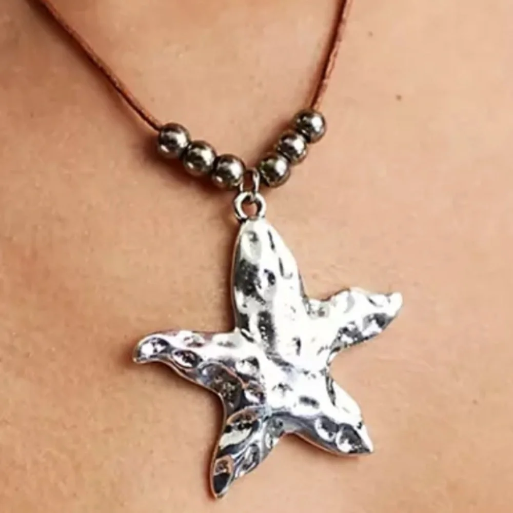Petit Moments Cord Beaded Necklace with Hammered Starfish Pendant In Silver